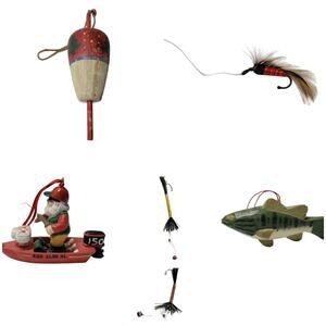 Lot of 5 Vintage Fishing Christmas Ornaments - Rustic Cabin Holiday Decor